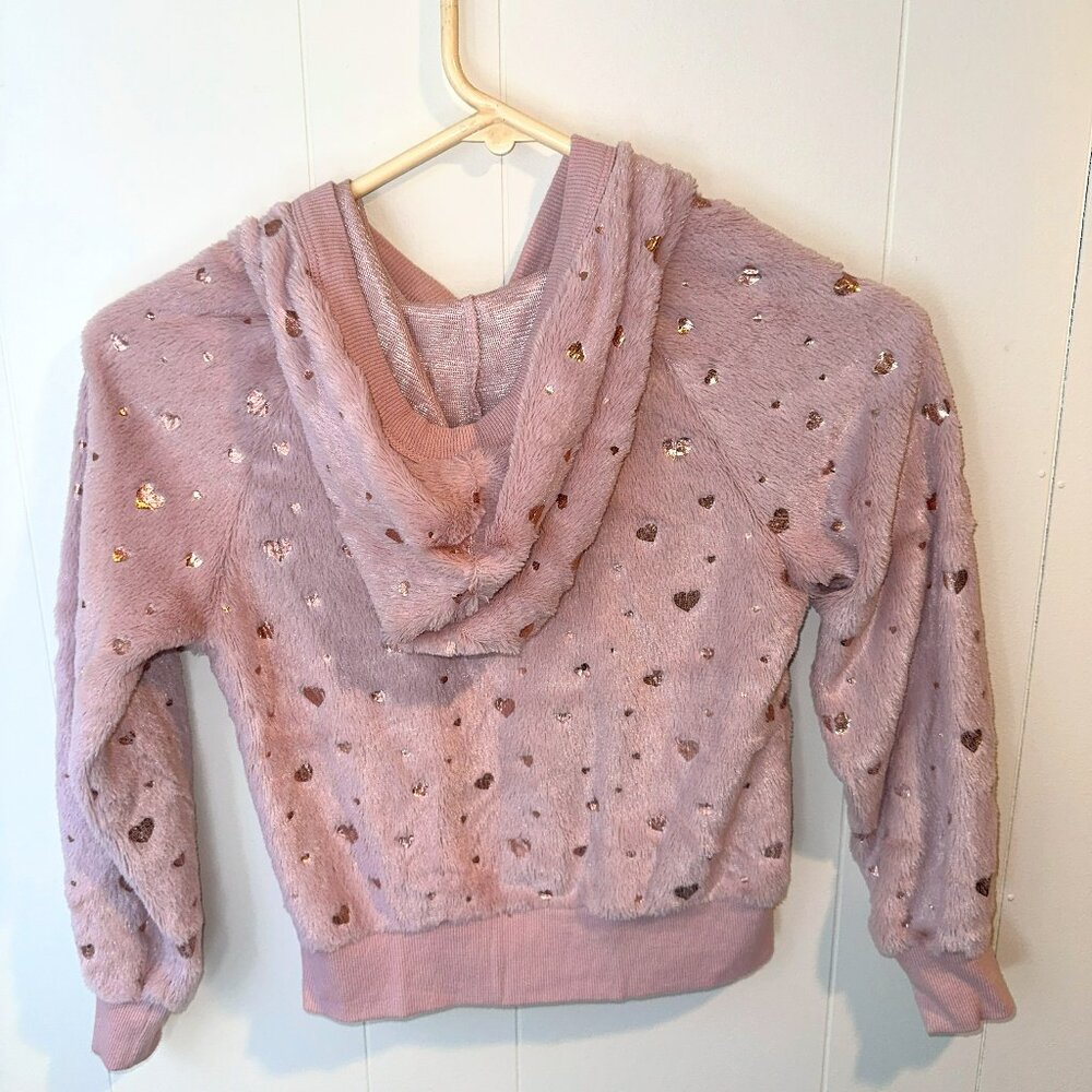 Beautées Girls Pink Plush Hoodie with Gold Hearts - Size M